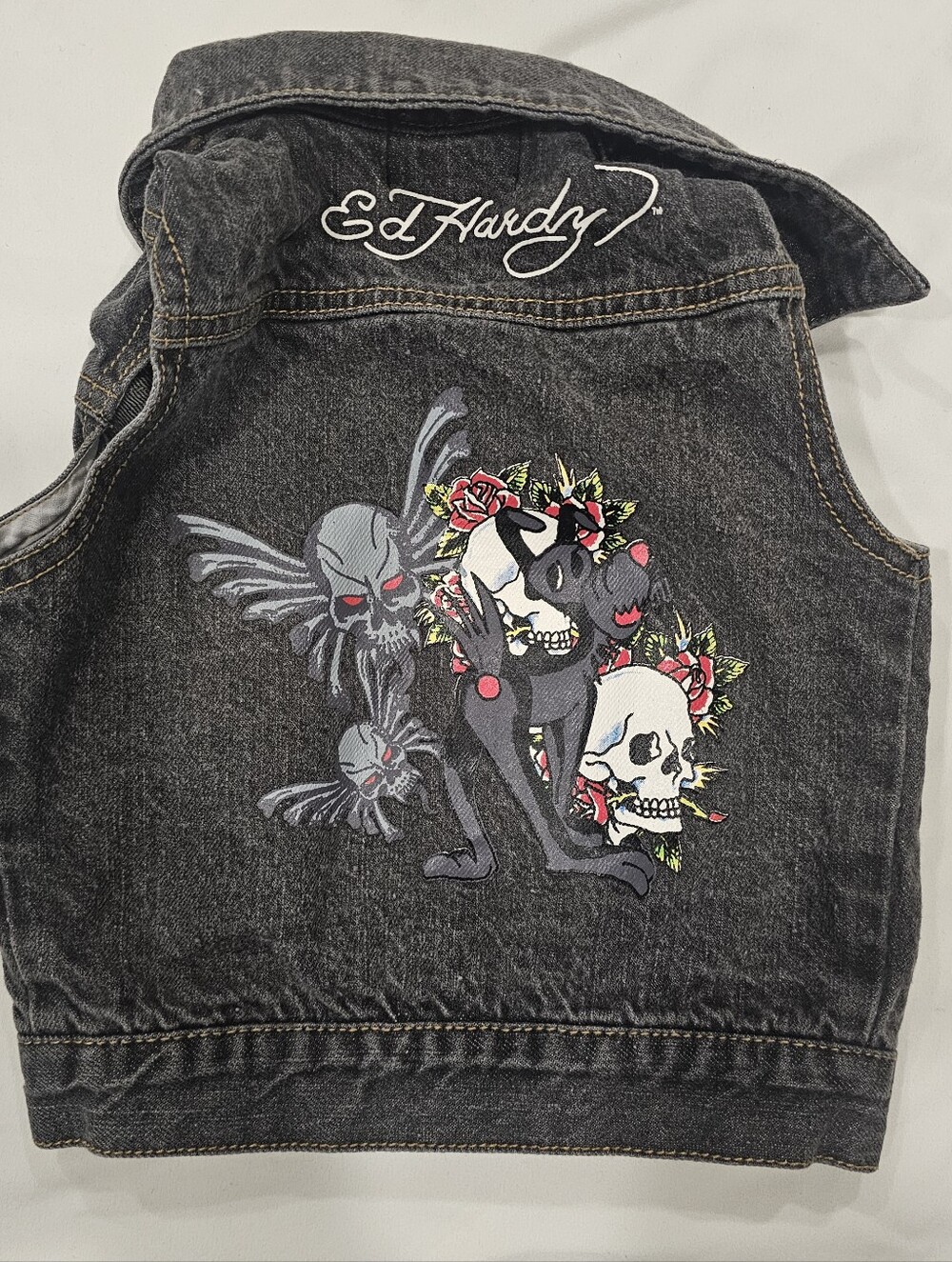 Ed Hardy Baby Jean Jacket Vest 12 Mths Biker Y2k Costume Zip Up Sleeveless